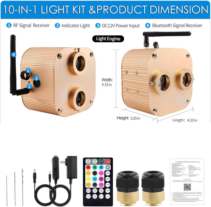 ATOKEE Store 20W Twinkle Dual Head Fiber Optic Light Box for Starlight Headliner, Bluetooth App/RF Remote Control, Car Plug & Power Adapter, PG Connector & 3 Drill Bits - Image 2